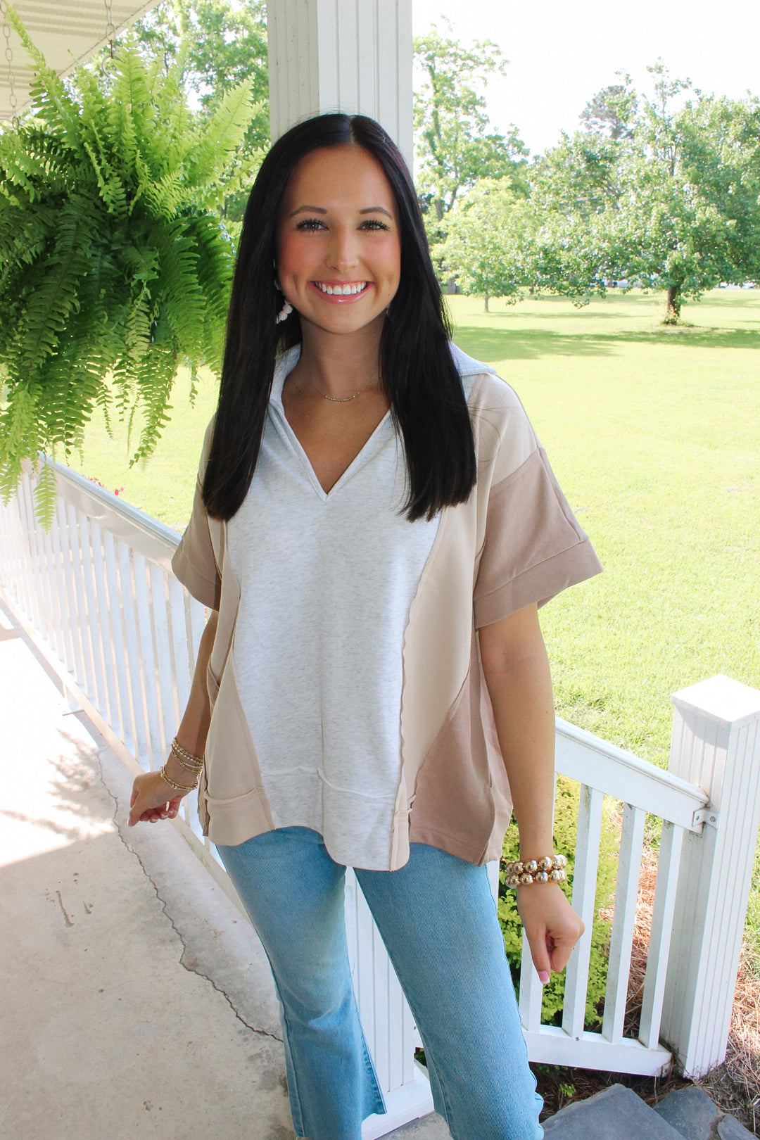 Grey/Tan Colorblock Top