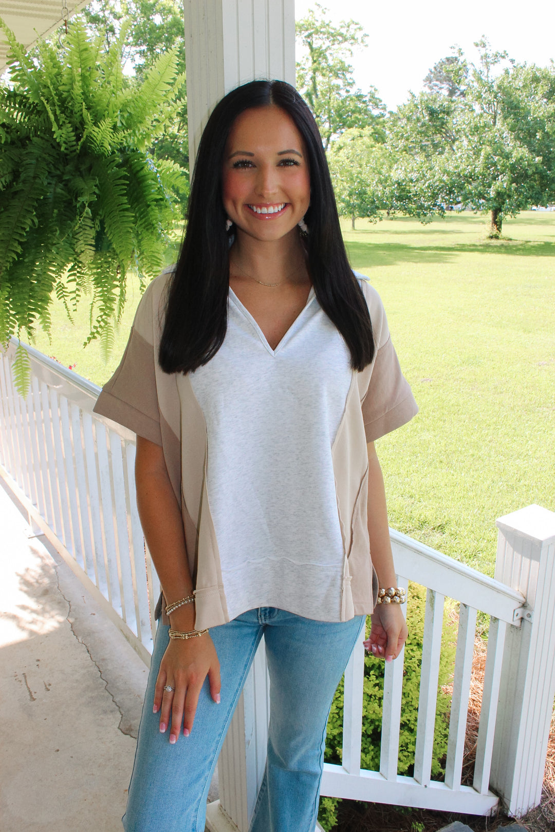 Grey/Tan Colorblock Top