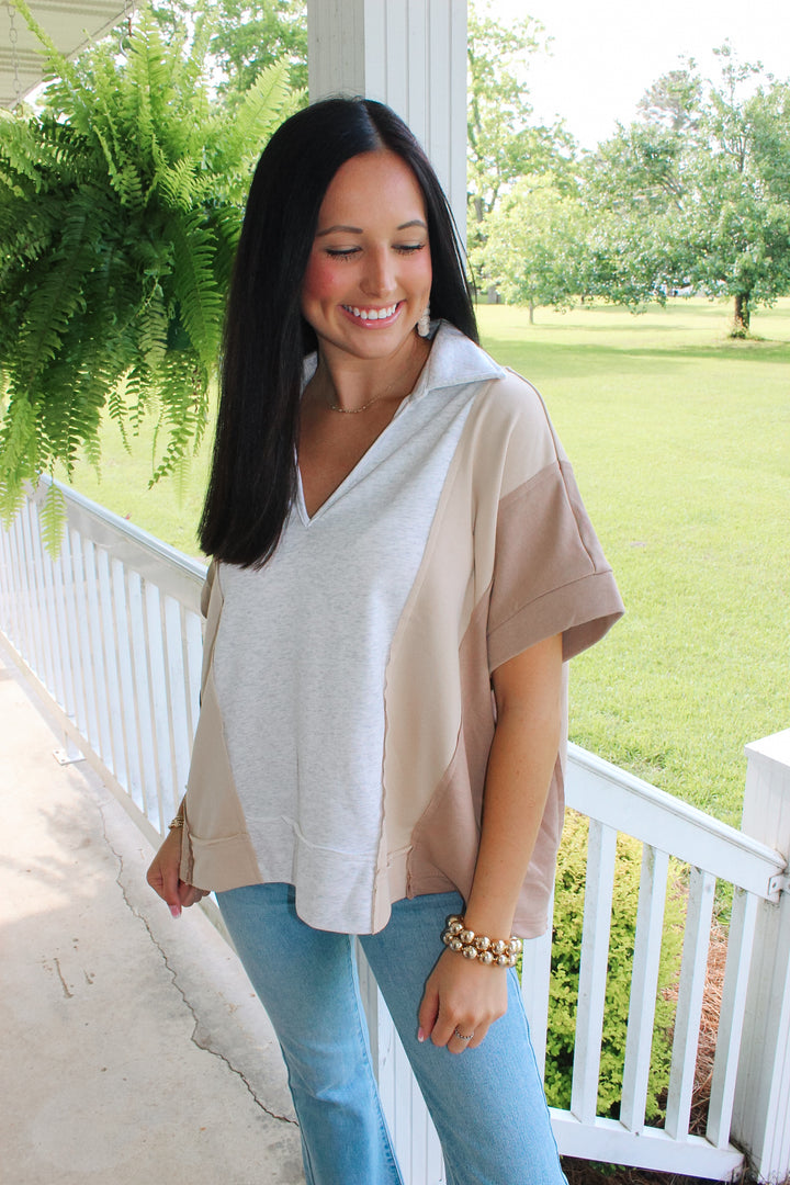 Grey/Tan Colorblock Top