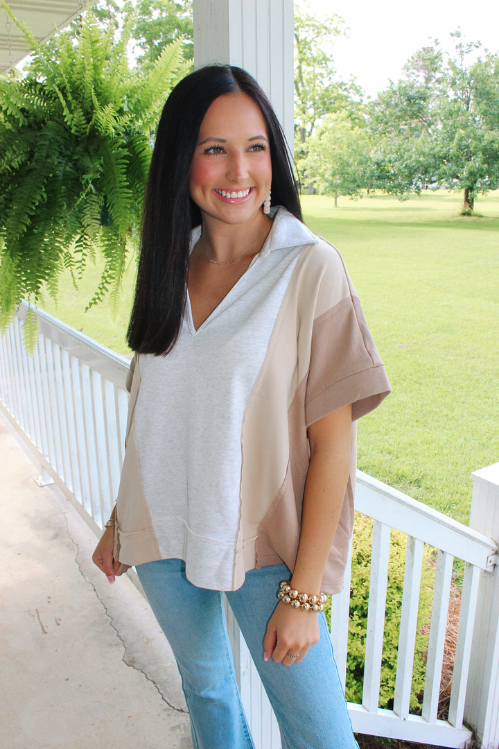 Grey/Tan Colorblock Top