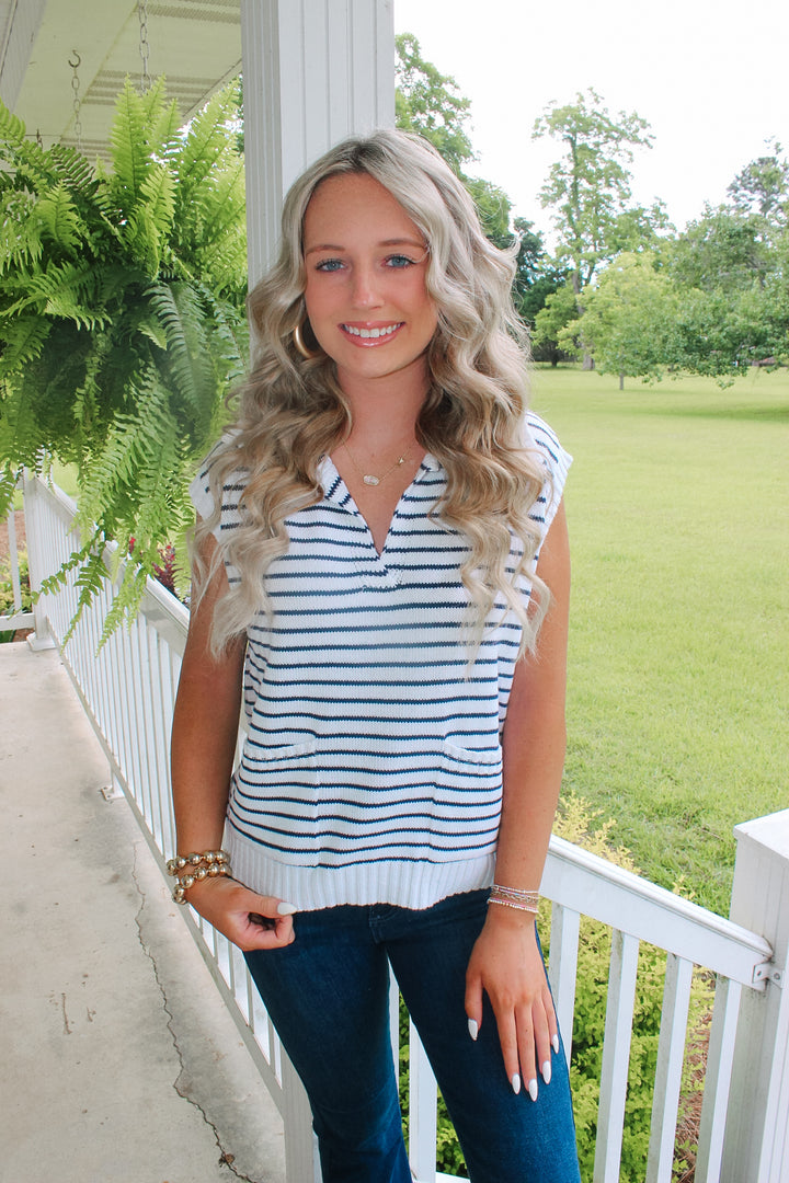 Navy/Off White Striped Top