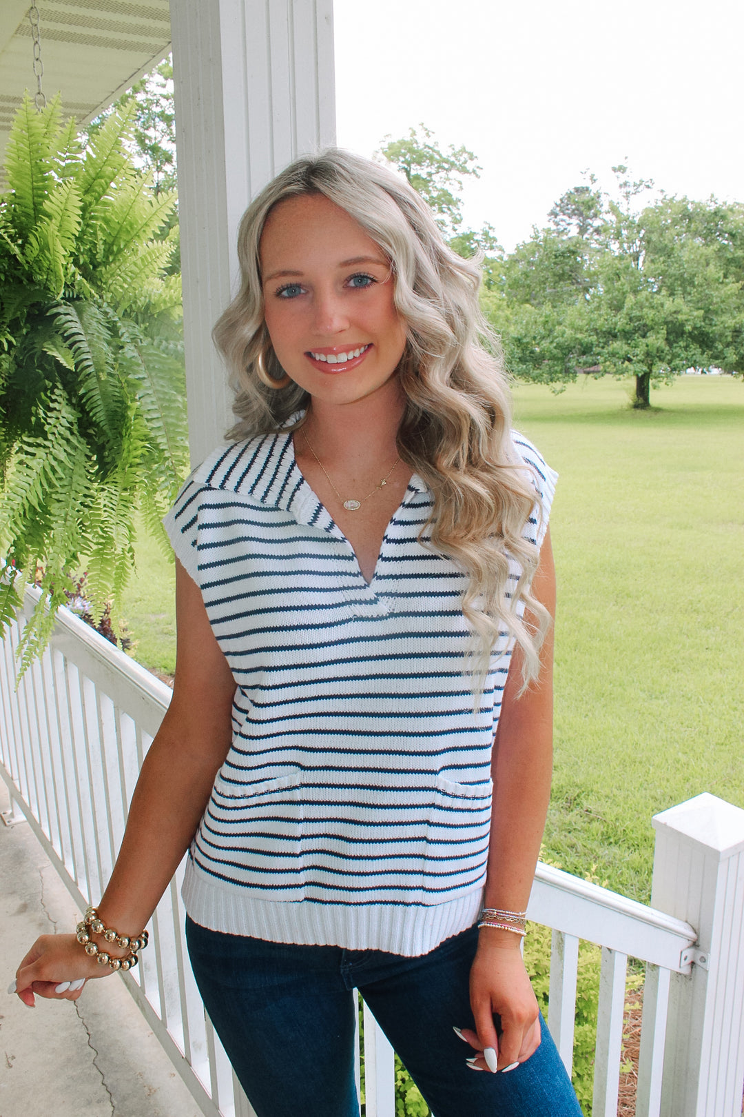 Navy/Off White Striped Top