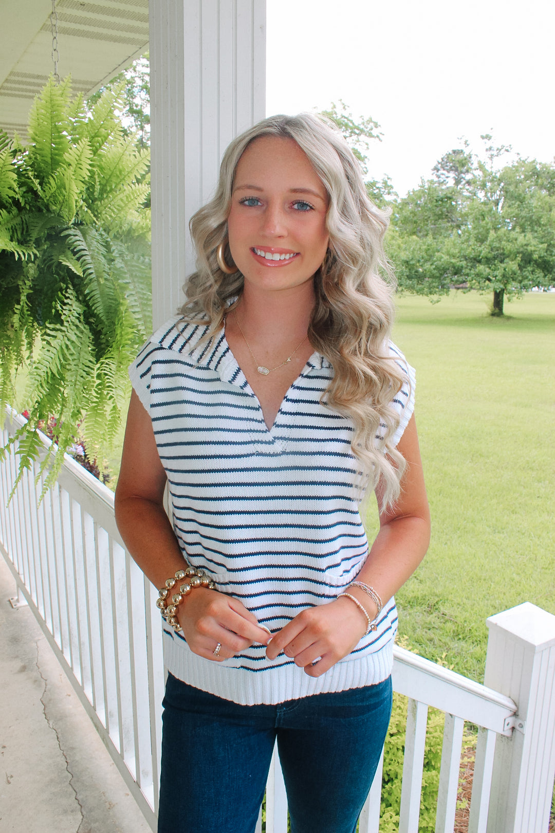 Navy/Off White Striped Top