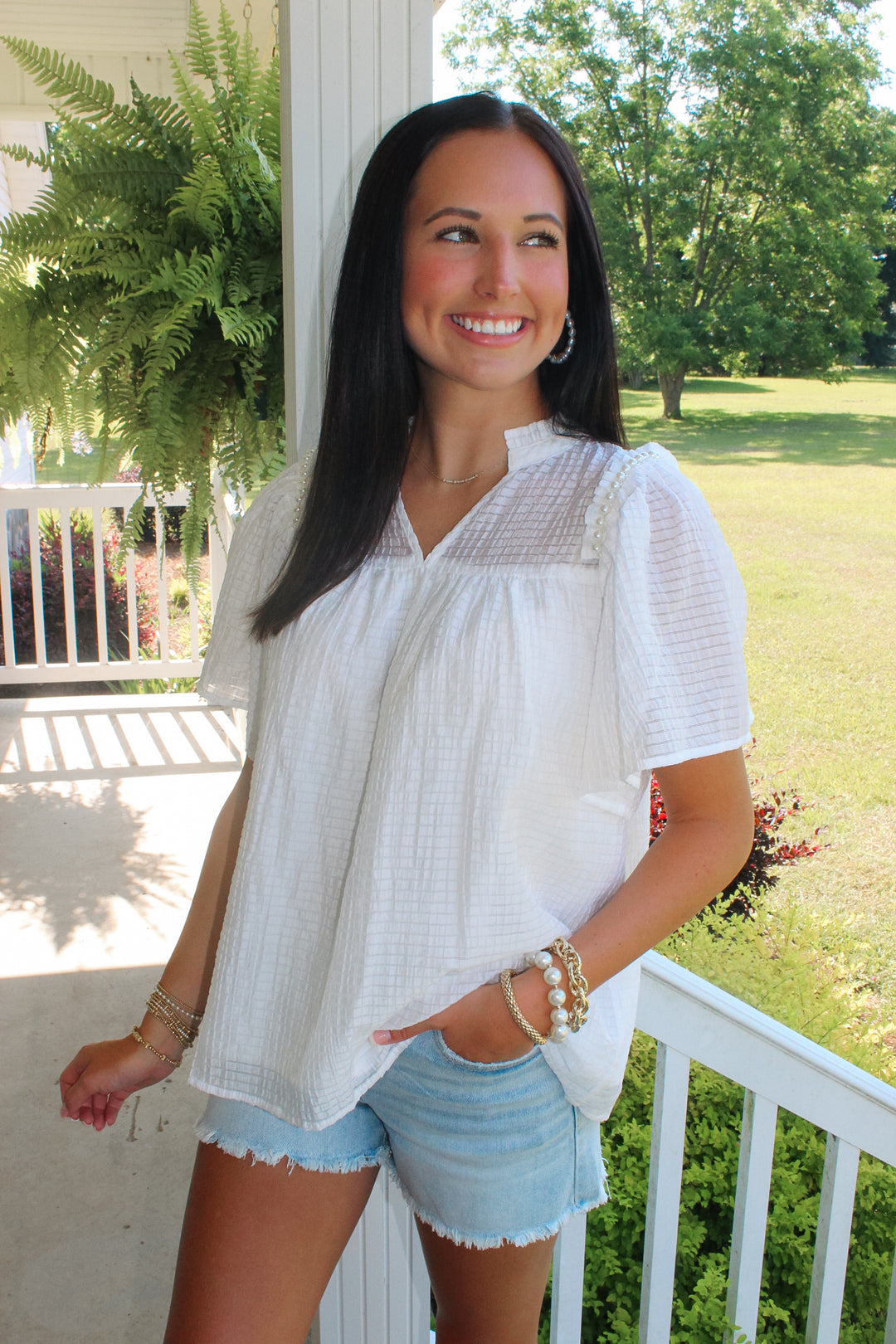 Chic White Pearl Detail Top