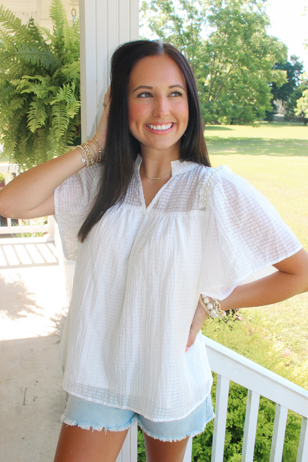 Chic White Pearl Detail Top