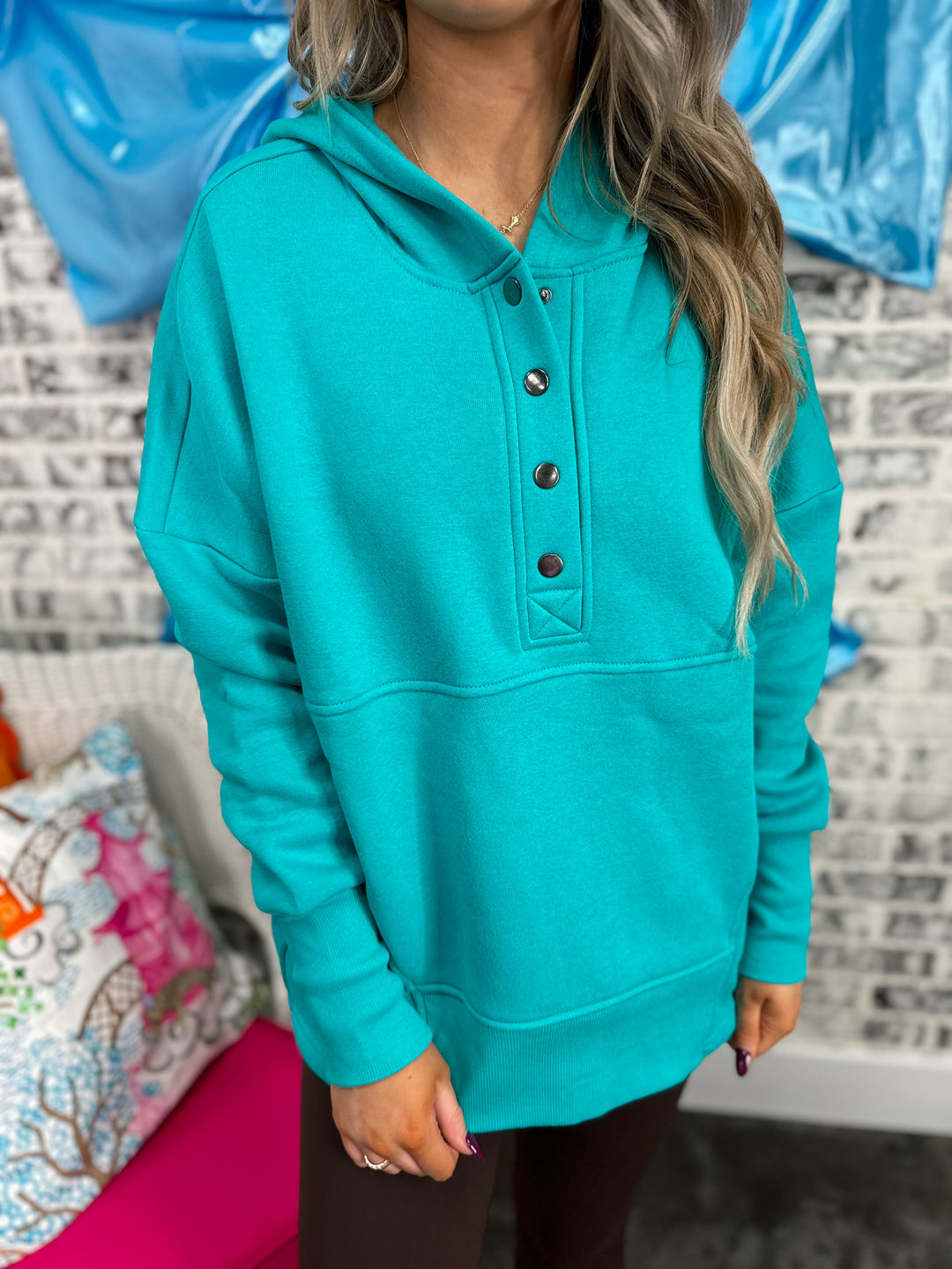 Half Button Fleece Hooded Pullover "Turquoise"