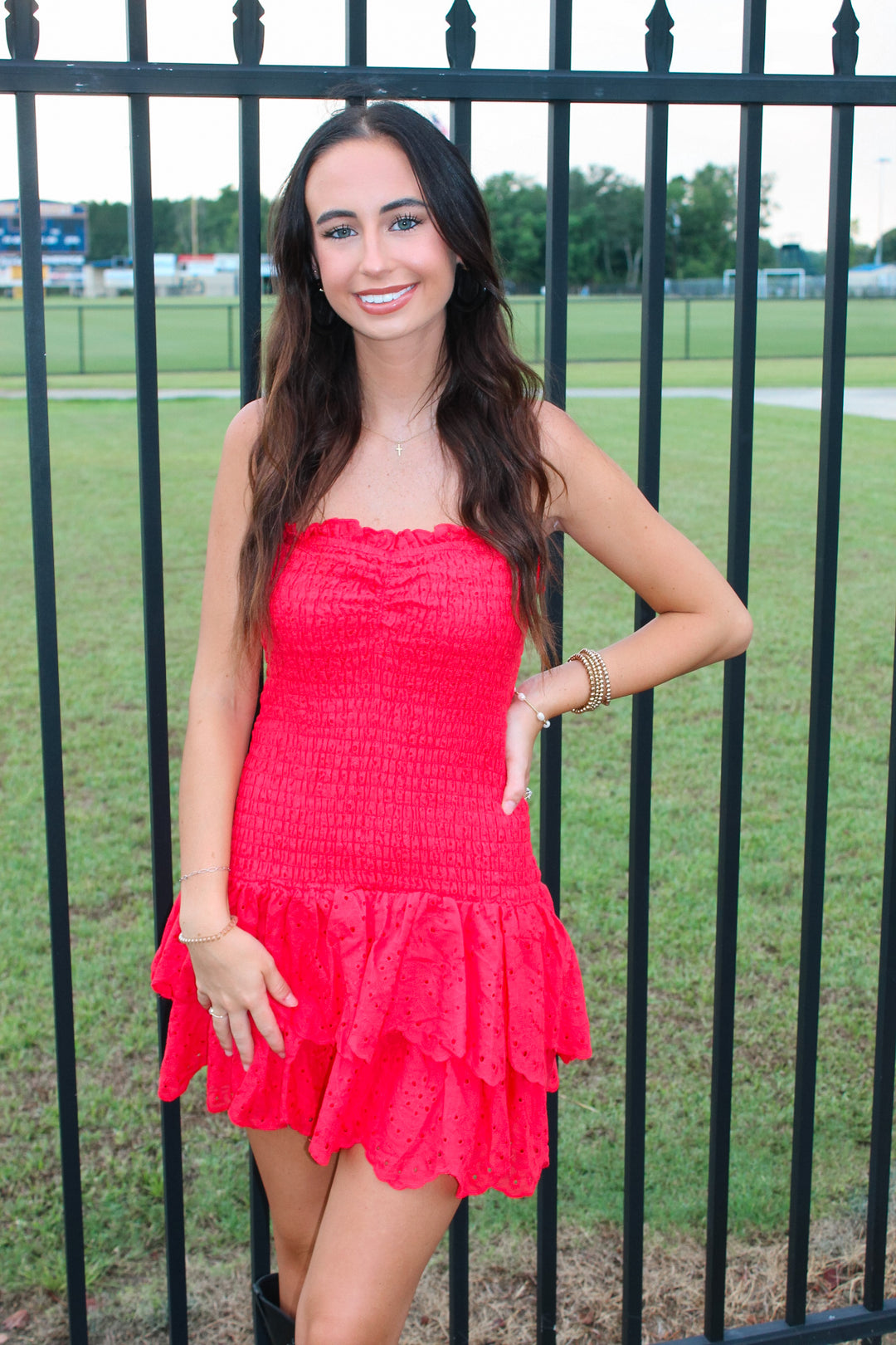 Red Eyelet Strapless Dress