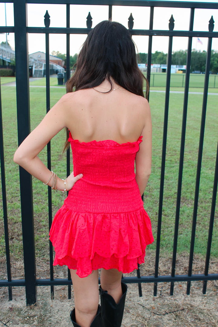 Red Eyelet Strapless Dress