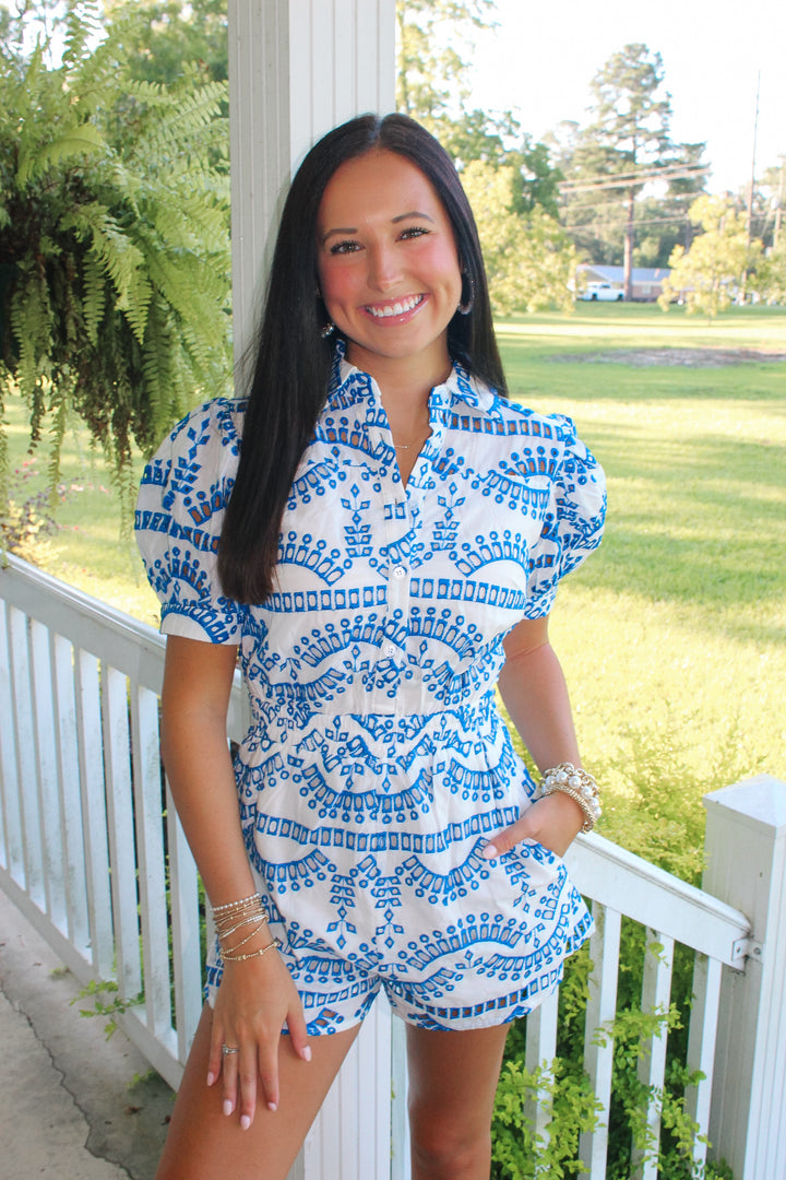 Eyelet Lace Puff Sleeve Romper "Blue"