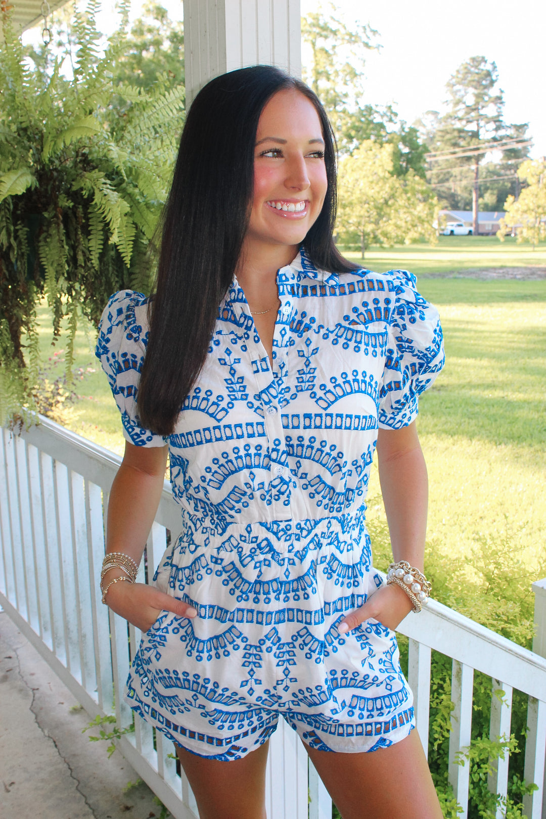 Eyelet Lace Puff Sleeve Romper "Blue"