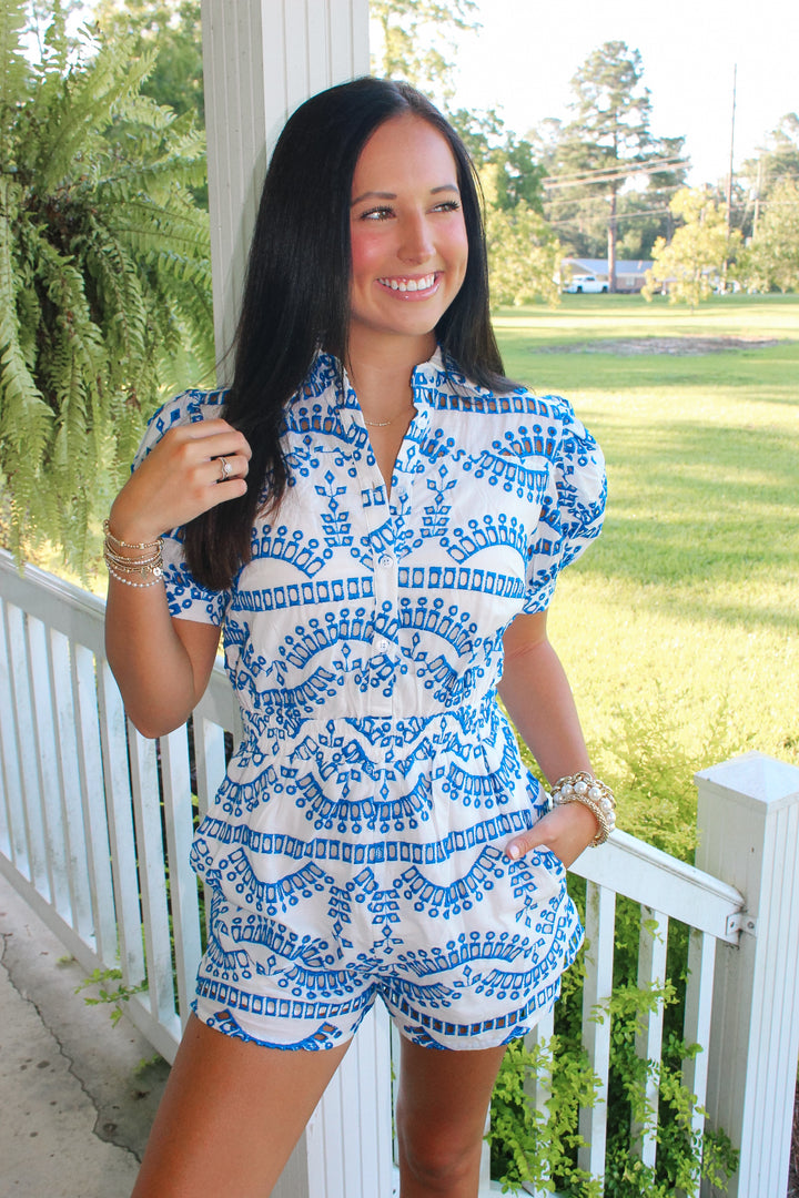 Eyelet Lace Puff Sleeve Romper "Blue"