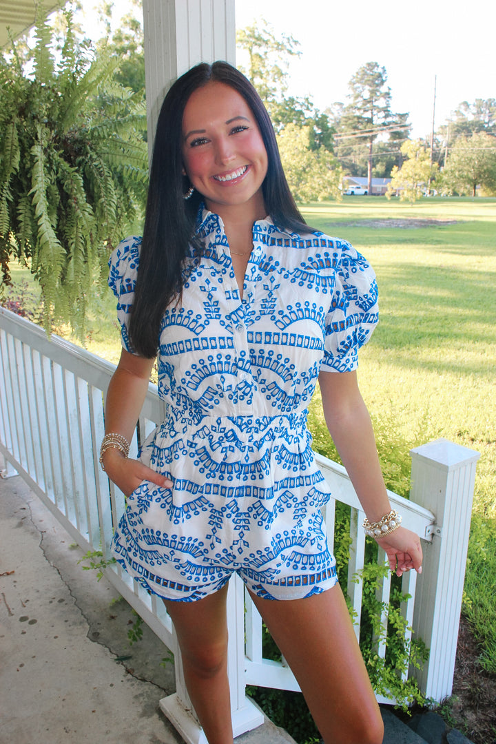 Eyelet Lace Puff Sleeve Romper "Blue"