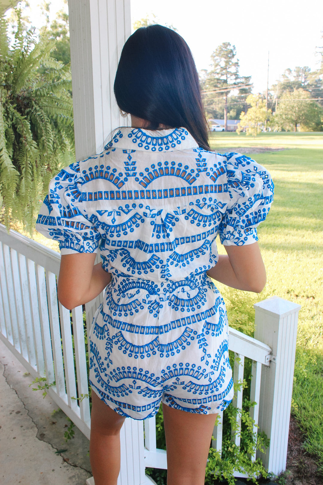 Eyelet Lace Puff Sleeve Romper "Blue"