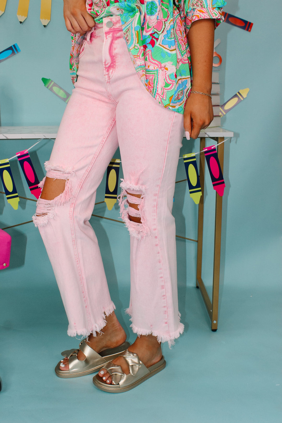 Kellie High Rise Crop Distressed Pants "Acid Pink"