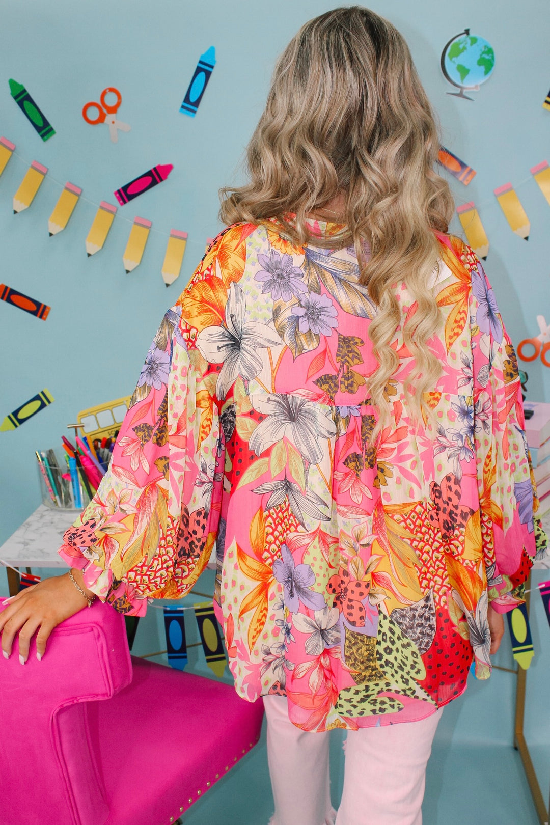 Printed Chiffon Bubble Sleeve Blouse