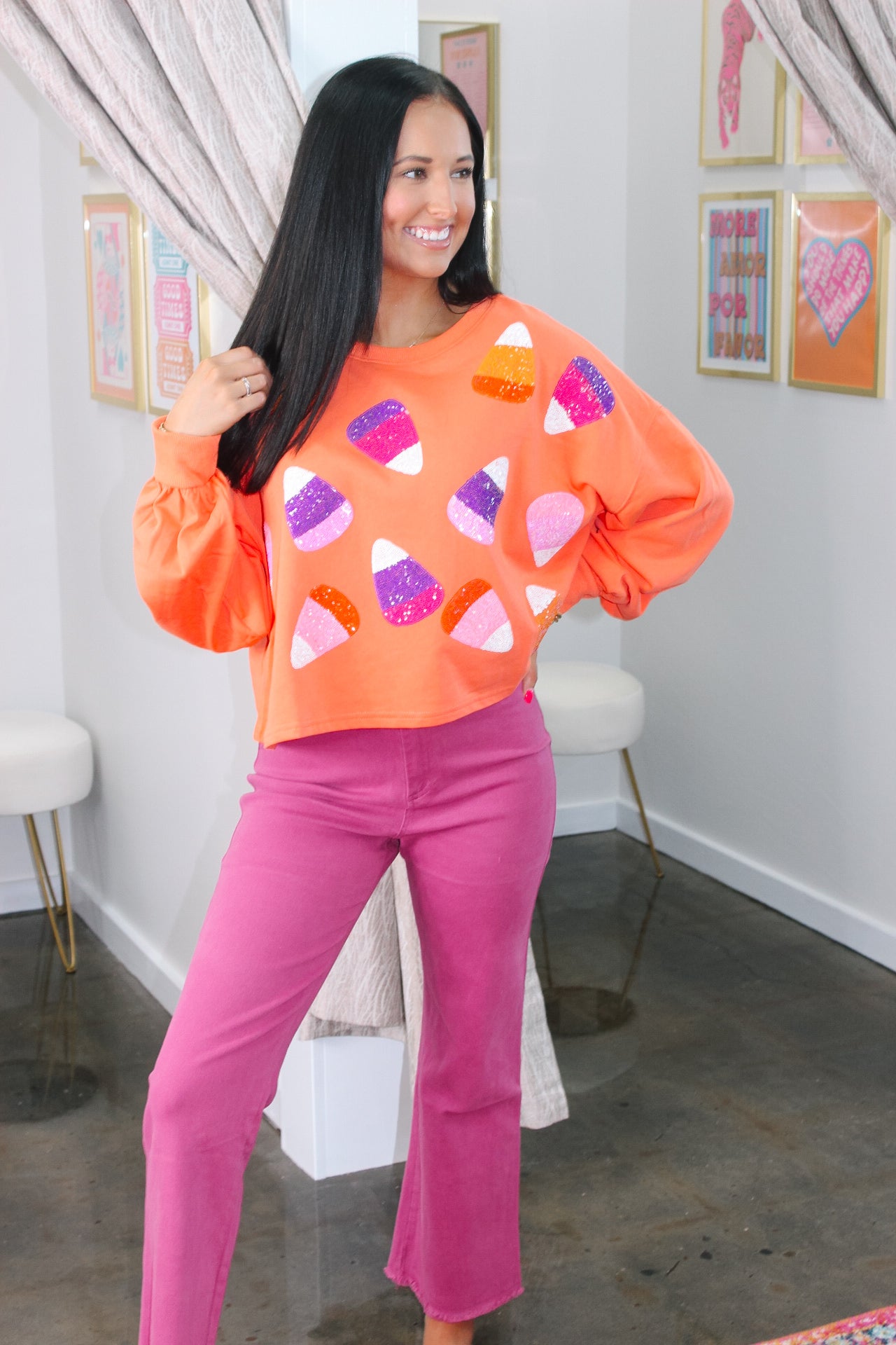 Candy Corn Sequin Cropped Sweatshirt