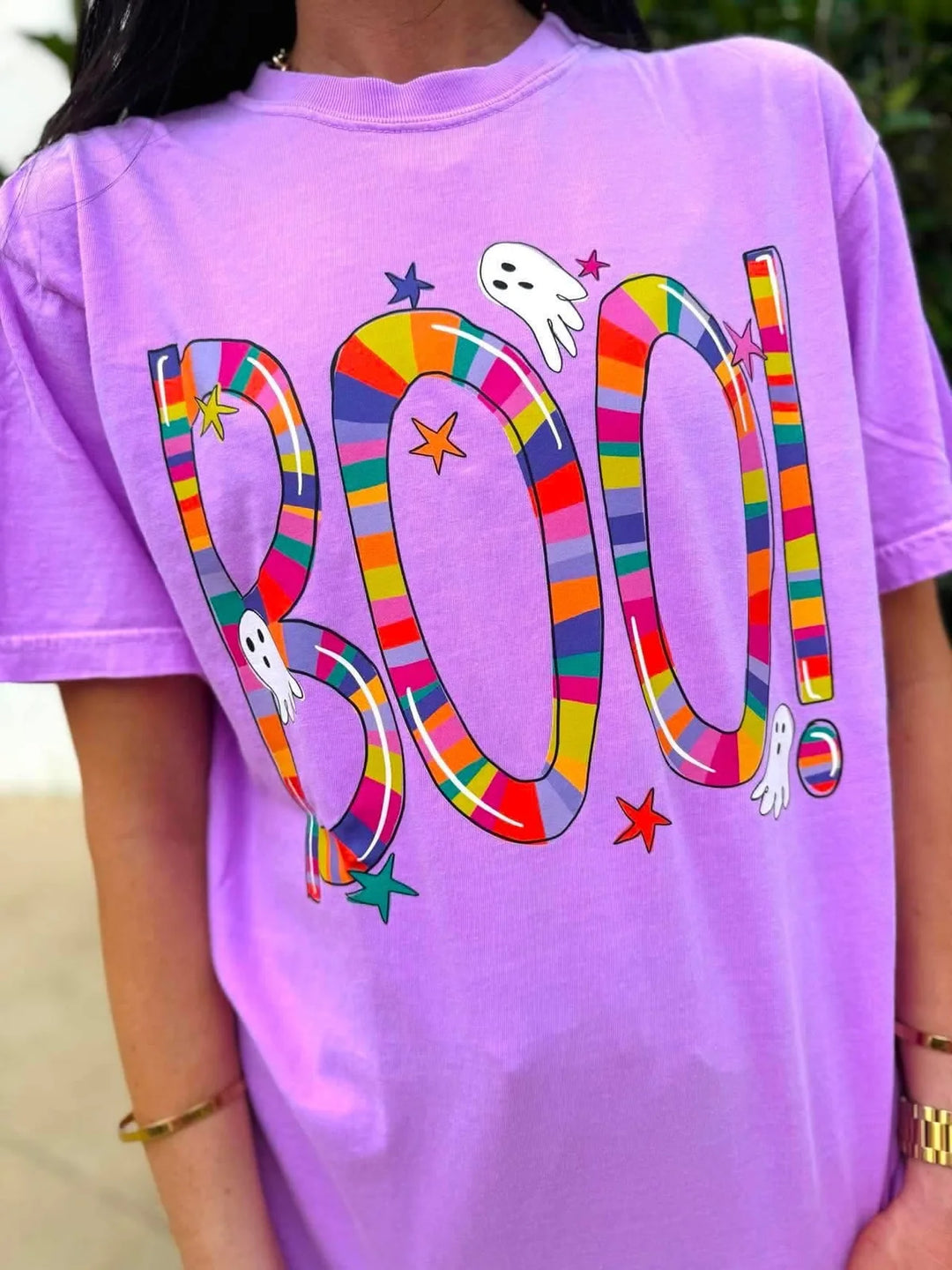 Multi Color Boo Ghost Graphic Tee "Neon Violet"