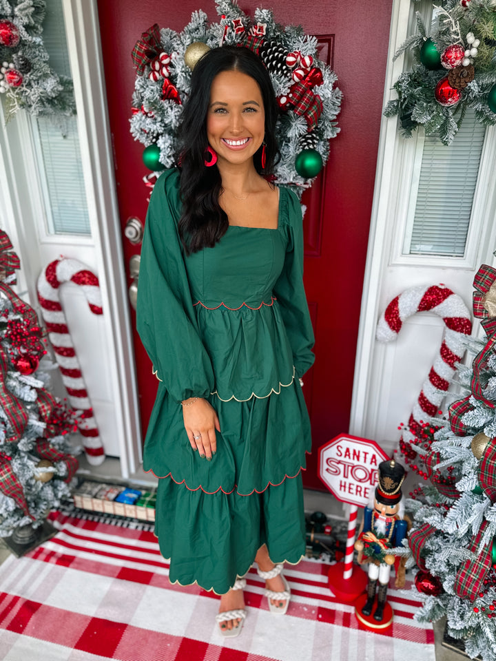 Holiday Tiered Midi Dress "Hunter Green"