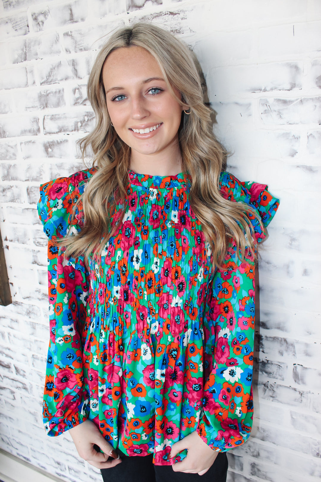 Smocked Kelly Green Floral Top