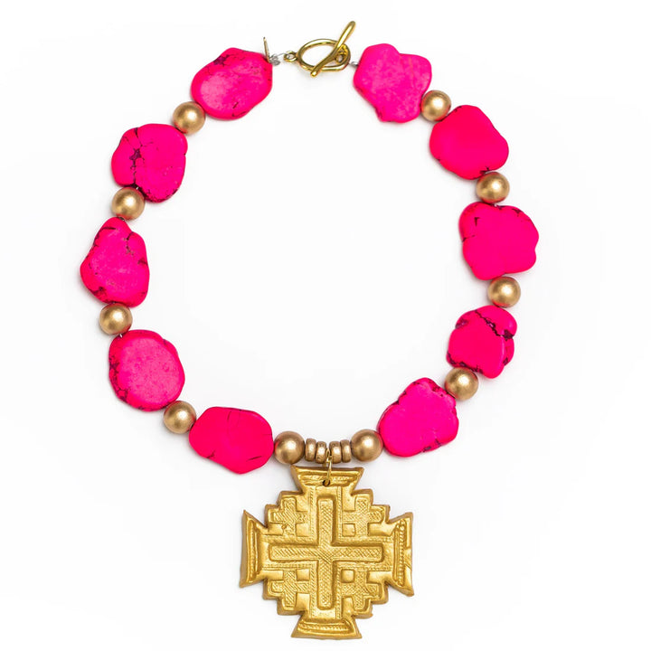 Hidden Truth Jewelry - Hot Pink Jade Nuggets with Jerusalem Cross Necklace