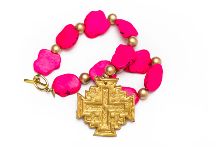 Hidden Truth Jewelry - Hot Pink Jade Nuggets with Jerusalem Cross Necklace