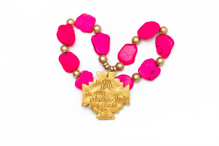 Hidden Truth Jewelry - Hot Pink Jade Nuggets with Jerusalem Cross Necklace