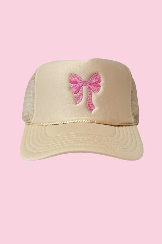 Pink Bow Trucker Hat "Tan"