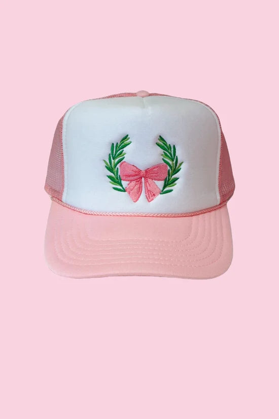 Bow and Wreath Trucker Hat "Pink/White"