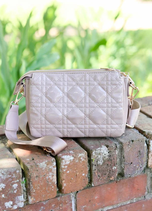 Caroline Hill - Jace Quilted Crossbody "Taupe Patent LQ"