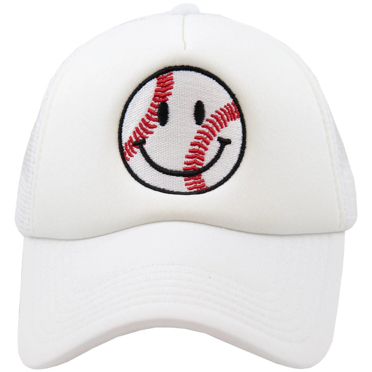 Baseball Happy Face Trucker Hat "White"