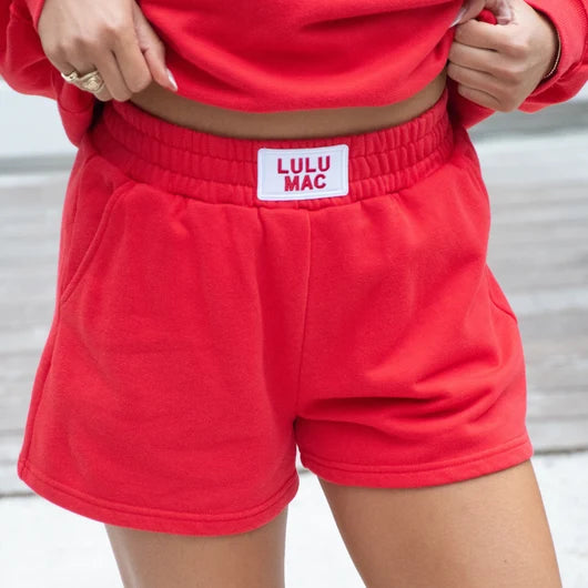 LULU MAC - Stitch Mock Neck Terry Cloth Sweatshirt & Shorts Set "Red"