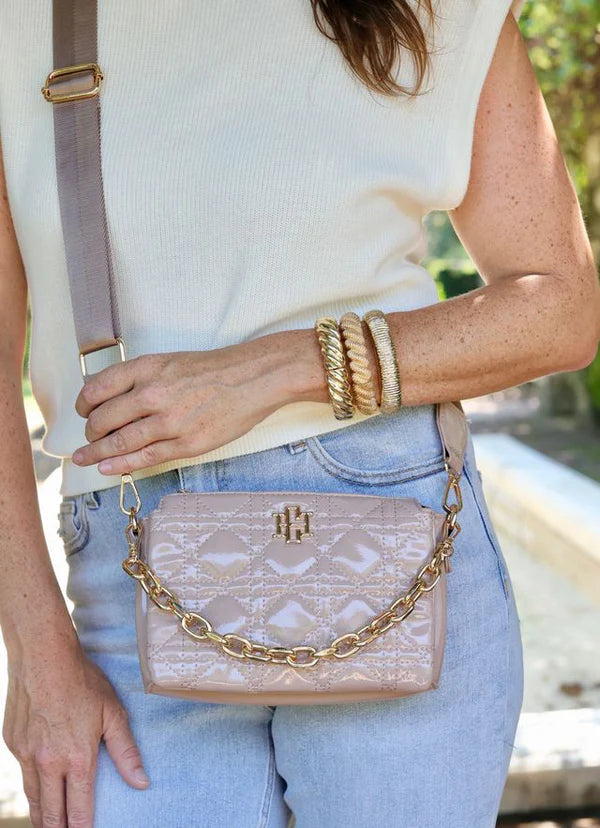 Caroline Hill - Jace Quilted Crossbody "Taupe Patent LQ"