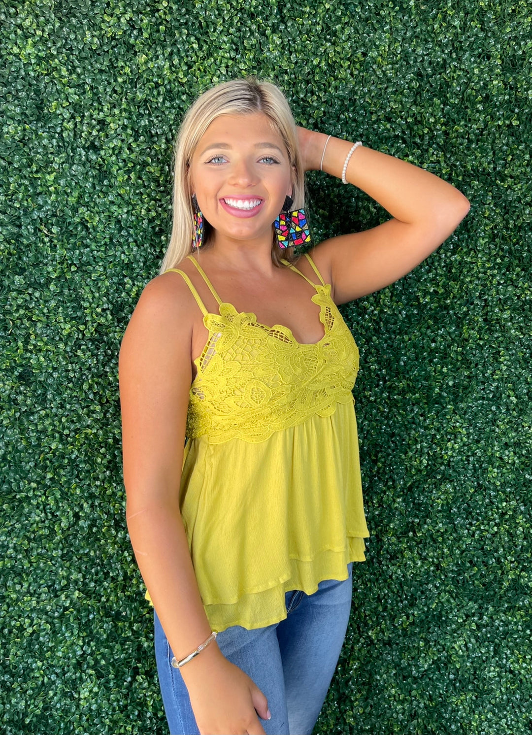 Crochet Lace Chest Layered Camisole Top “Green Mustard”